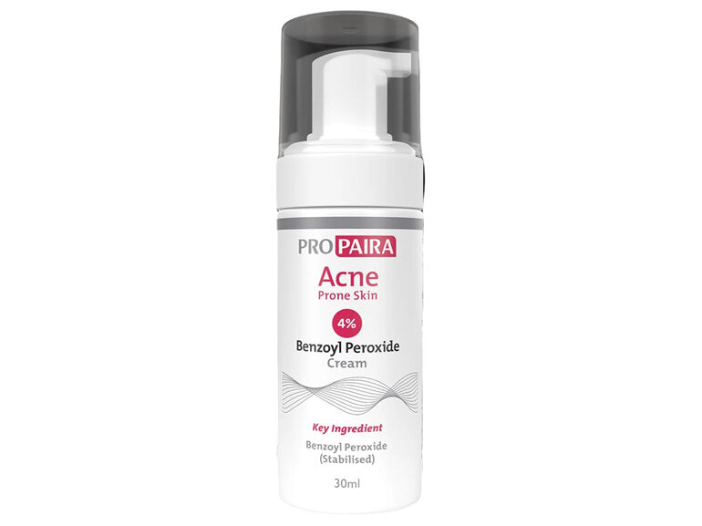 PROPAIRA ACNE PRONE SKIN BENZOYL PEROXIDE 4% CREAM 30ML in a white pump bottle, featuring expert medication support and healthcare advice from Woden Compounding Pharmacy staff.