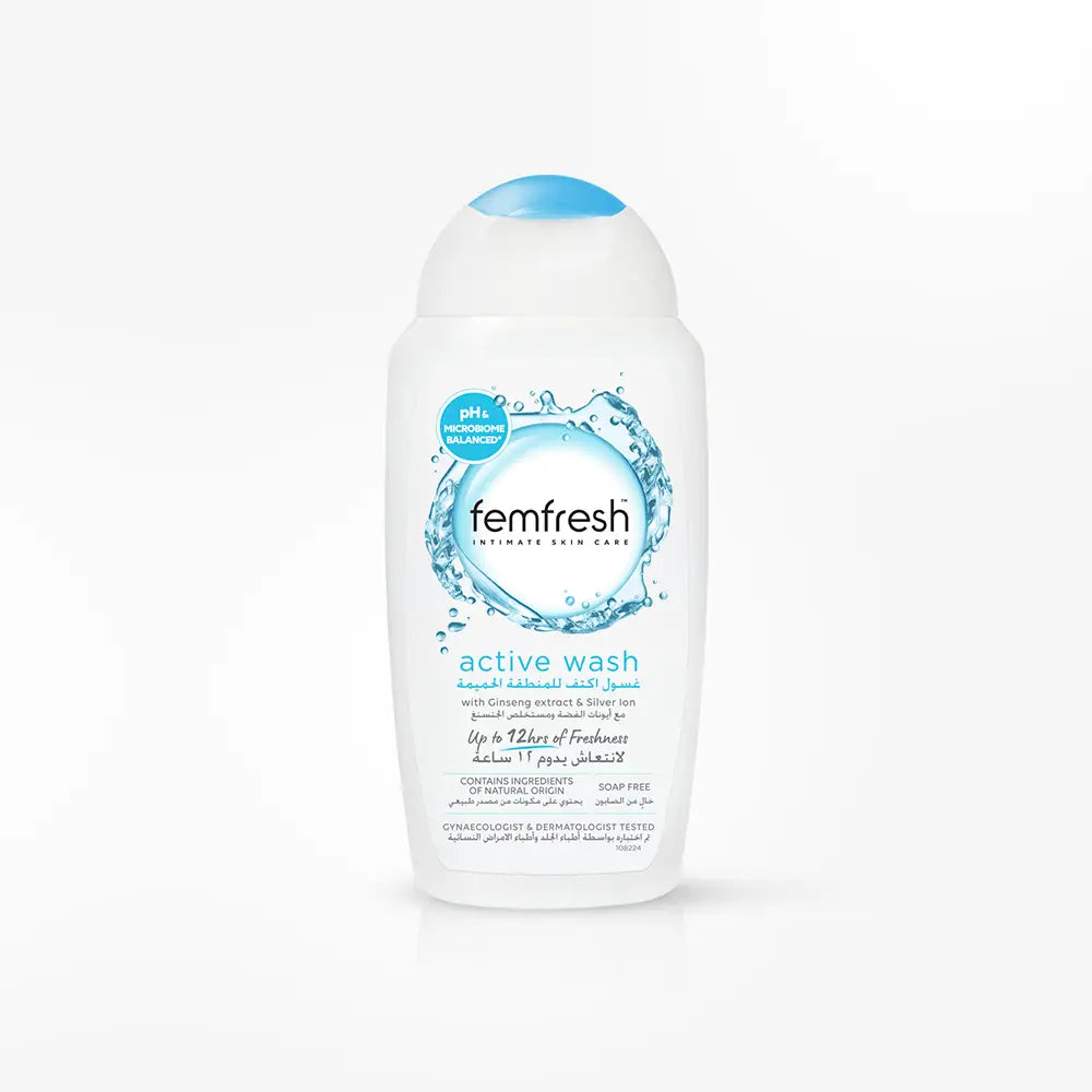 Femfresh active wash bottle on a white background