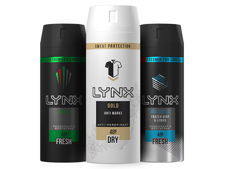 Three Lynx deodorant and antiperspirant bottles on a white background
