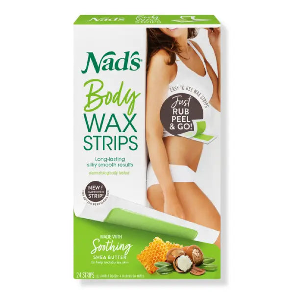 Box of Nad's Body Wax Strips with a woman's legs and product packaging on a white background