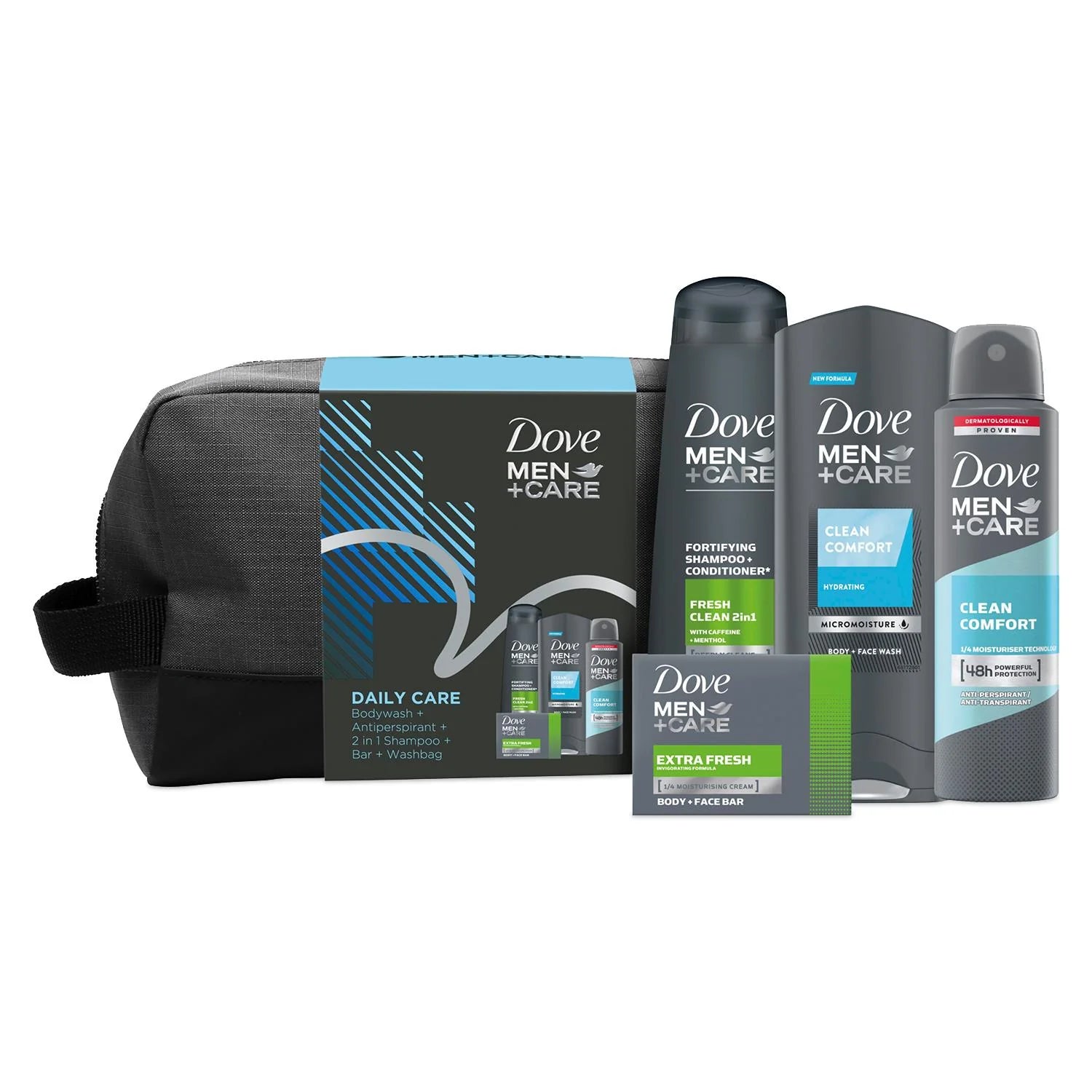 Dove Men+Care grooming products including a toiletry bag on a white background