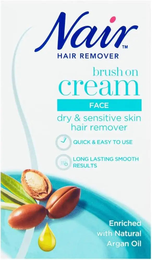 Nair hair remover brush on cream packaging for face with argan oil illustration