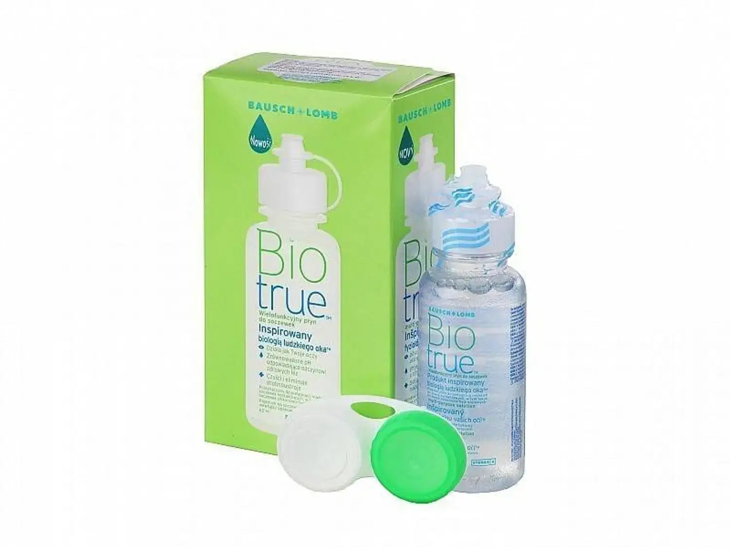 Biotrue contact lens solution bottle and packaging on a white background