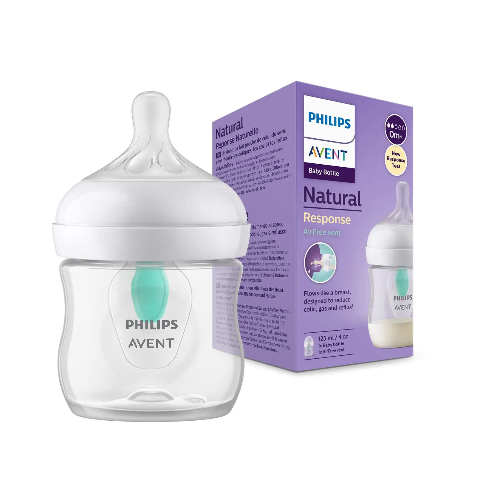 Philips Avent baby bottle with packaging on a white background