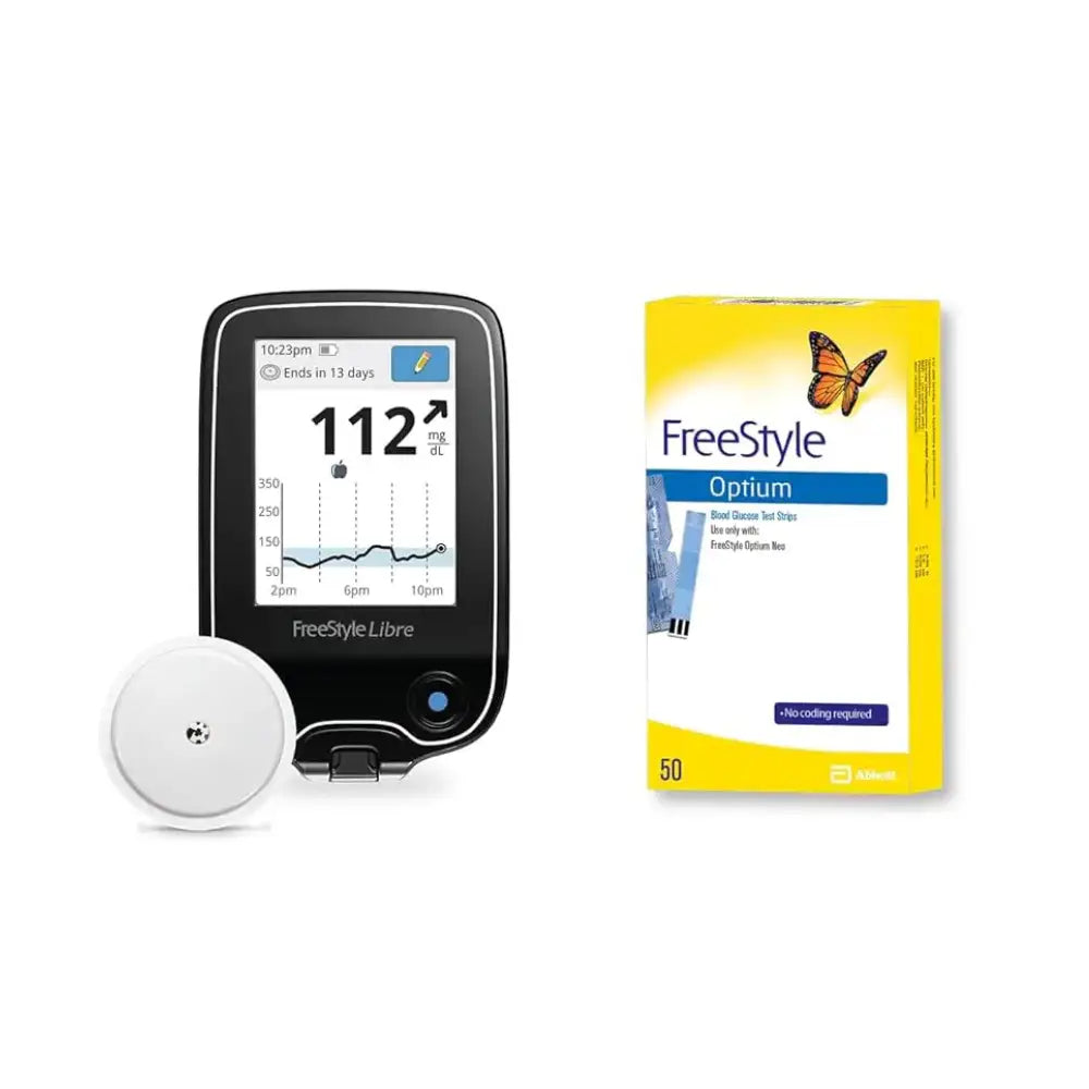 Freestyle Libre blood glucose monitoring system with a box of test strips on a white background