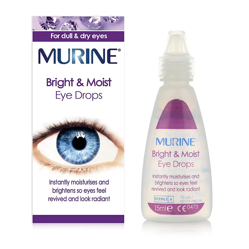 Murine Bright & Moist Eye Drops packaging and bottle on a white background