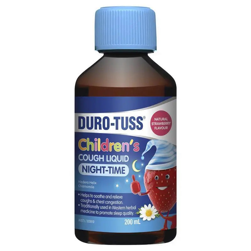 Bottle of Duro-Tuss Children's Cough Liquid Night-Time on a white background