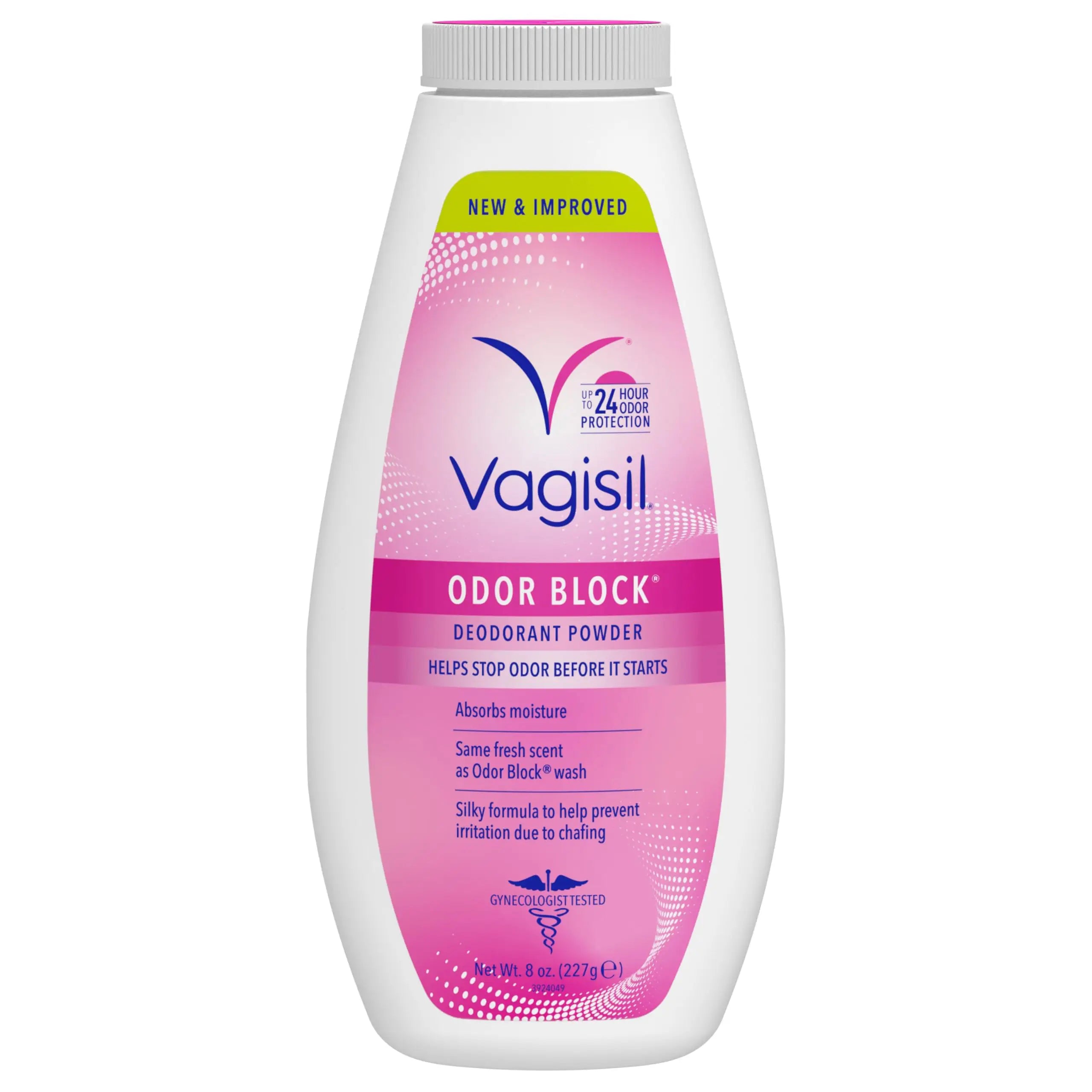 Vagisil Odor Block deodorant powder bottle on a white background
