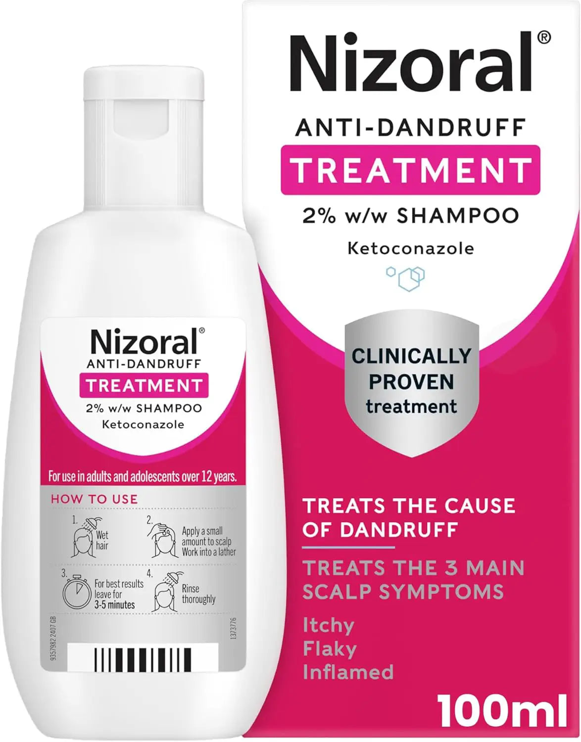 A 100ml bottle and box of Nizoral Anti-Dandruff Treatment 2% shampoo with ketoconazole. The packaging highlights its clinical effectiveness for itchy, flaky, inflamed scalp dandruff and includes usage instructions.