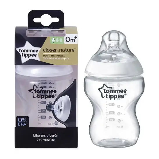 Tomme Tippee baby bottle and packaging on a white background