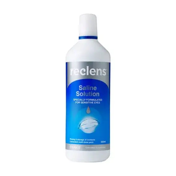 Bottle of reclens saline solution on a white background