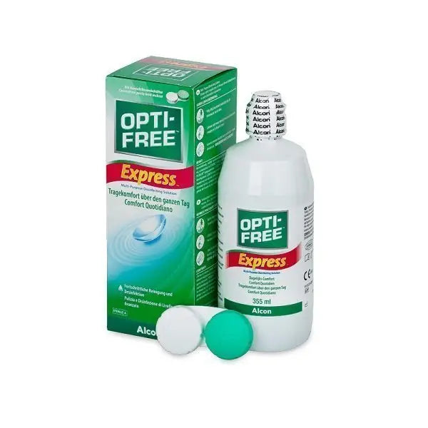 Opti-Free contact lens solution bottle and packaging on a white background