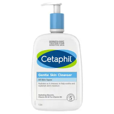 A bottle of Cetaphil Gentle Skin Cleanser with a pump top, labeled for all skin types and sensitive skin, featuring blue and white branding and hydration benefits.