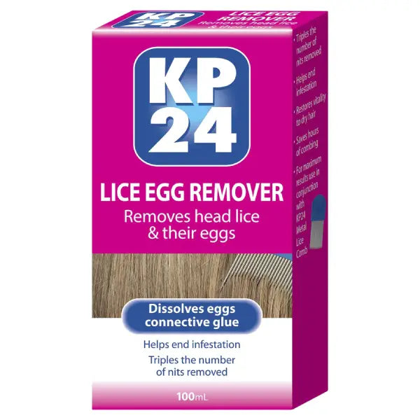 KP24 lice egg remover box with pink and blue design on a white background