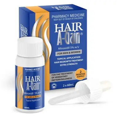 Hair A-Gain hair regrowth treatment bottle and box on a white background