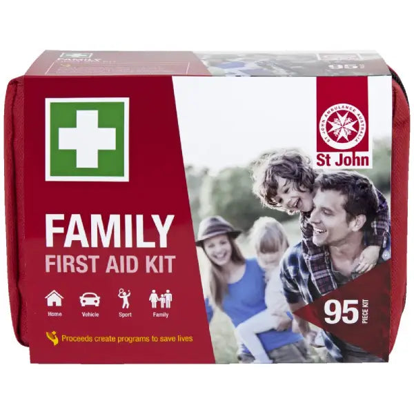 St John Family First Aid Kit packaging with a family photo on a white background
