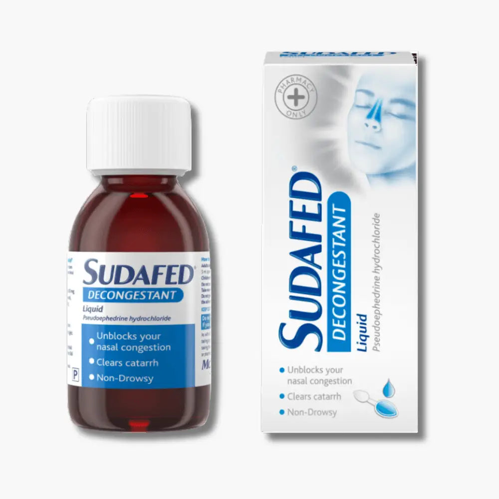 Sudafed Decongestant bottle and packaging on a white background