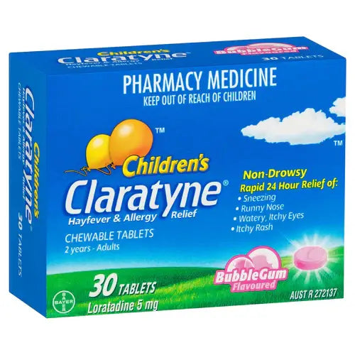 A blue box of Children’s Claratyne hayfever and allergy relief chewable tablets, bubblegum flavour, 30 tablets, for ages 2 years and up. The box highlights non-drowsy 24-hour relief for symptoms like sneezing and runny nose.