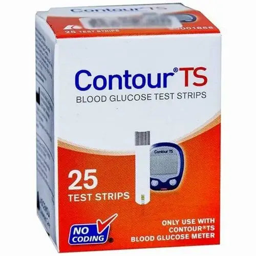 Box of Contour TS blood glucose test strips with branding and product details.