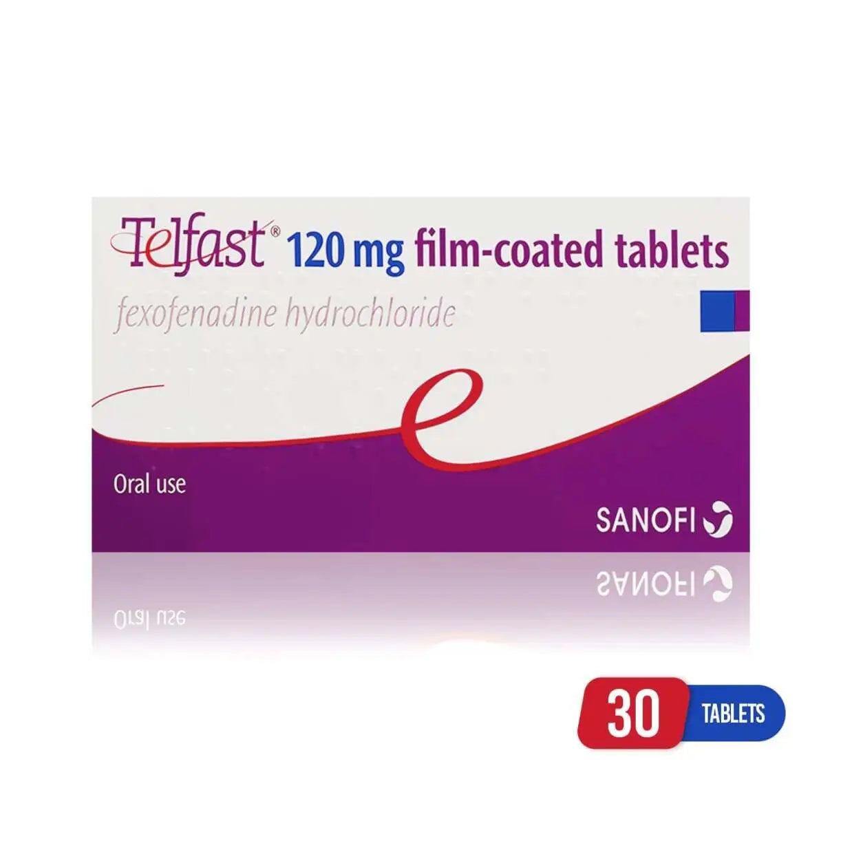Box of Telfast 120 mg film-coated tablets by Sanofi on a white background