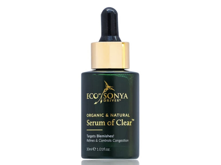 Bottle of ECO BY SONYA SERUM OF CLEAR 30ML with black dropper and gold cap, displaying organic natural skincare product targeting blemishes and congestion.
