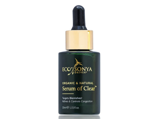 Bottle of ECO BY SONYA SERUM OF CLEAR 30ML with black dropper and gold cap, displaying organic natural skincare product targeting blemishes and congestion.