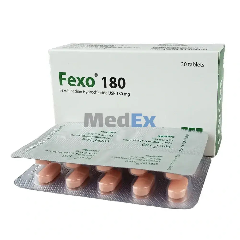 A box labeled Fexo 180 and a blister pack with pink tablets are shown. The box indicates it contains Fexofenadine Hydrochloride USP 180 mg, with 30 tablets. The brand name MedEx appears on the blister pack.