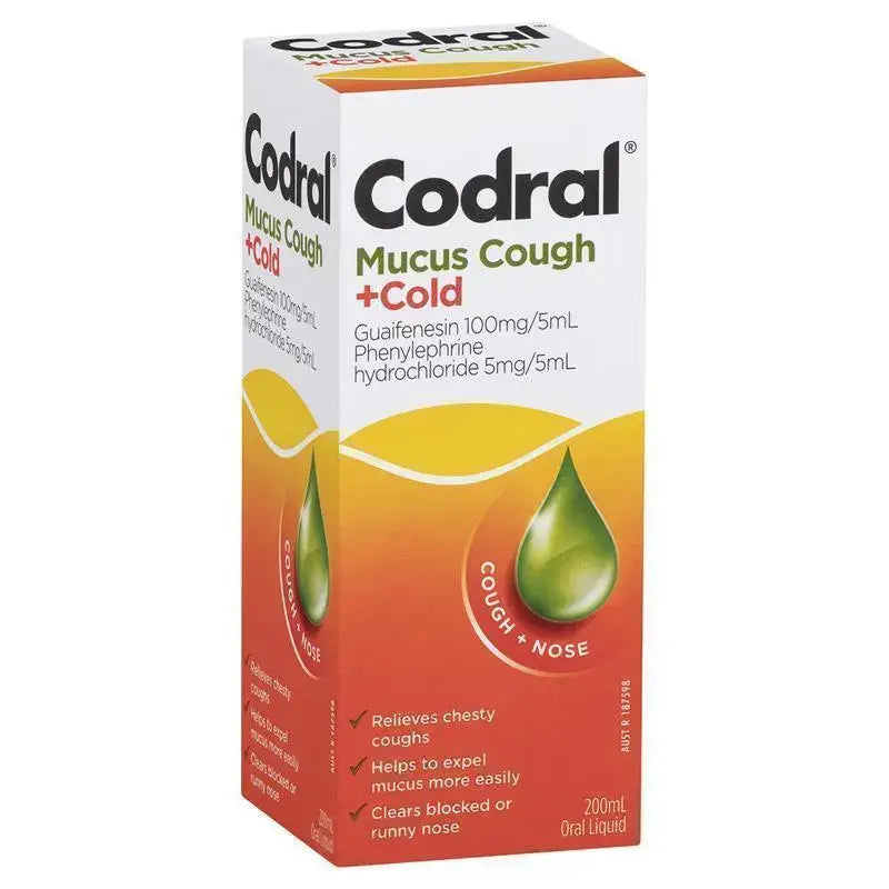 Codral Mucus Cough + Cold medication box on a white background
