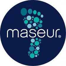 Maseur logo with blue and teal design on a dark blue background