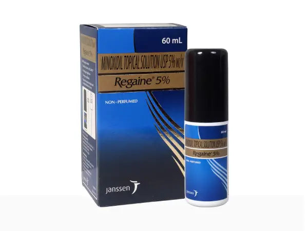 Regaine 5% topical solution packaging with blue and black design on a white background