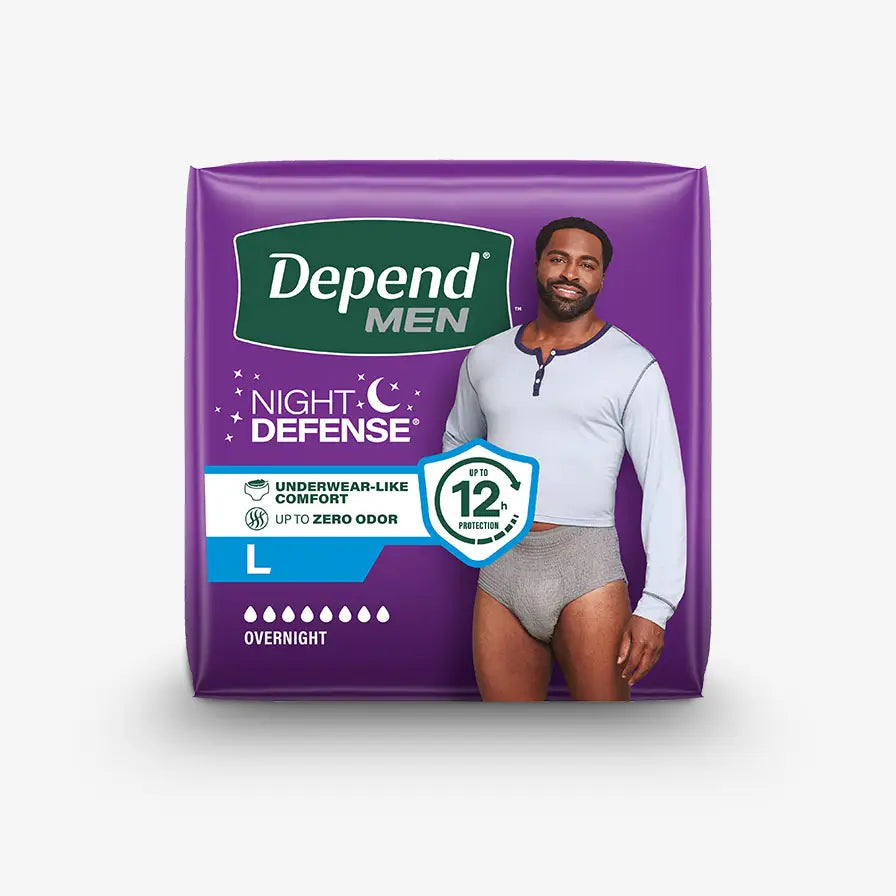 Packaging of Depend Men Night Defense underwear on a white background