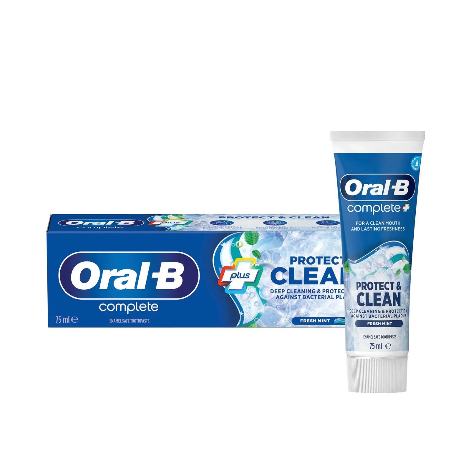 Oral-B toothpaste tube and packaging on a white background