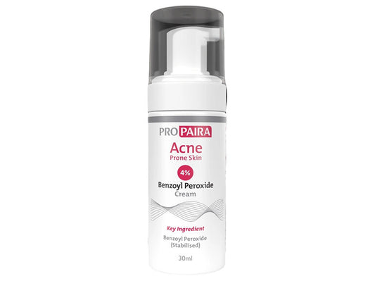 PROPAIRA ACNE PRONE SKIN BENZOYL PEROXIDE 4% CREAM 30ML in a white pump bottle, featuring expert medication support and healthcare advice from Woden Compounding Pharmacy staff.