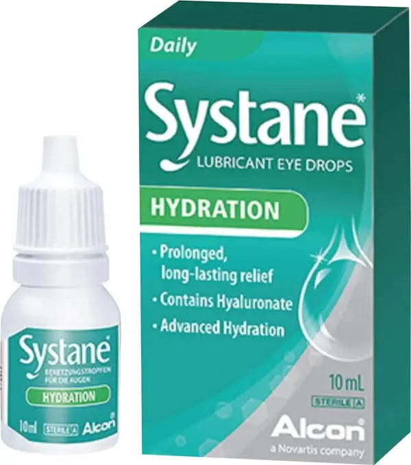 Systane Lubricant Eye Drops packaging with bottle on a white background
