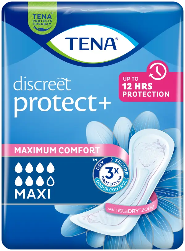 TENA Discreet Protect+ packaging with product image and branding details.